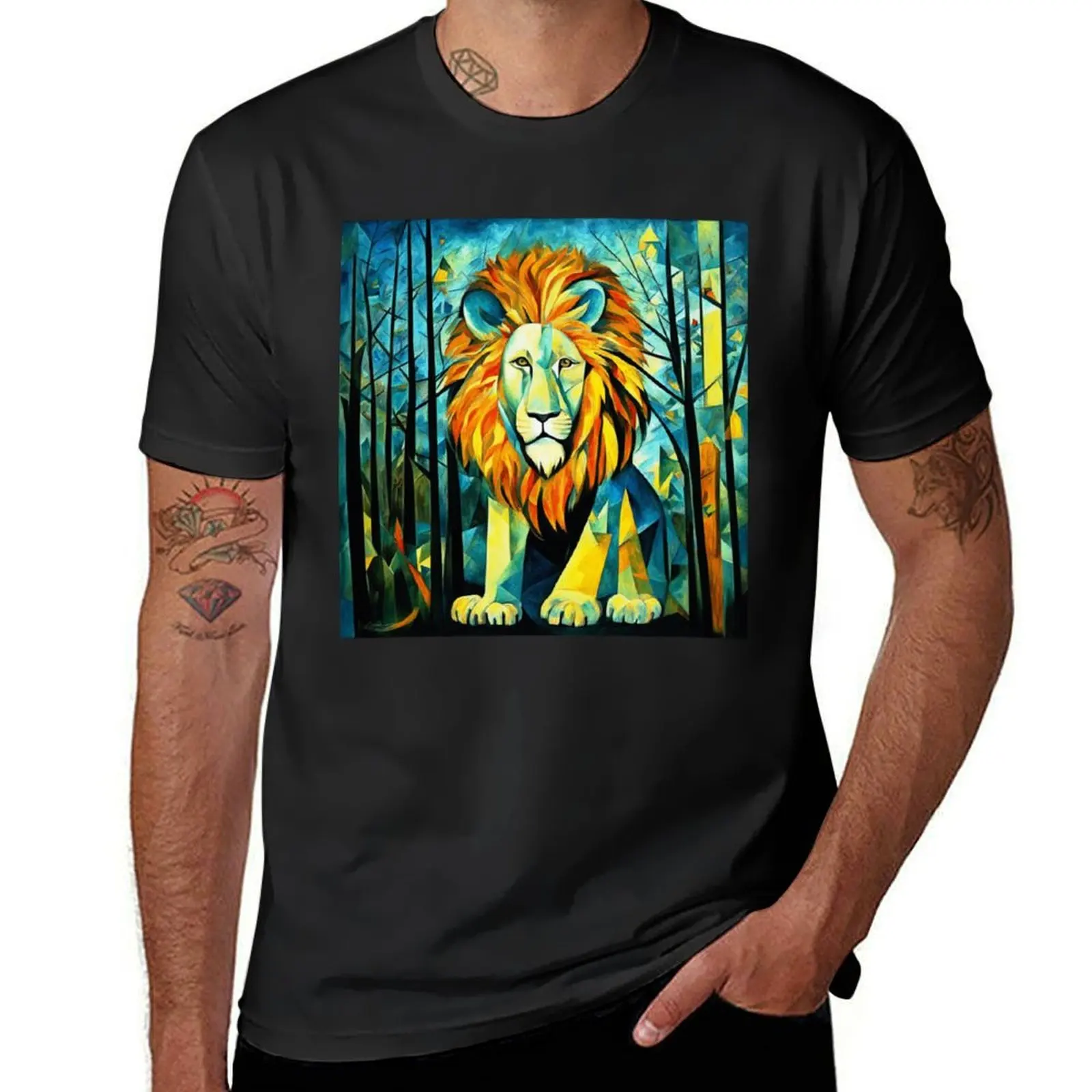 Beautiful noble lion in meadow flowers. T-Shirt summer top anime quick drying mens workout shirts