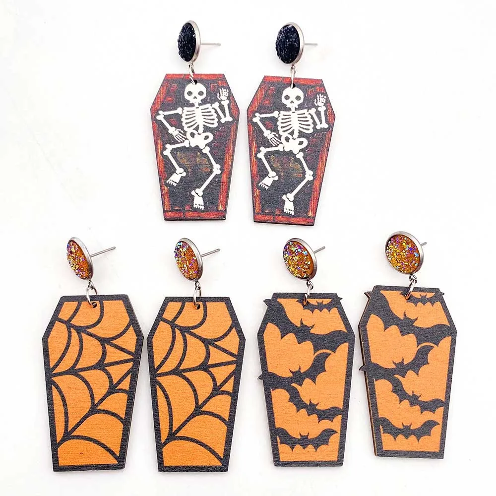 New Wooden Halloween Earrings Grave Undead Bat Coffin Skull Print Drop Earrings for Women All Hallows' Day Jewelry Gift