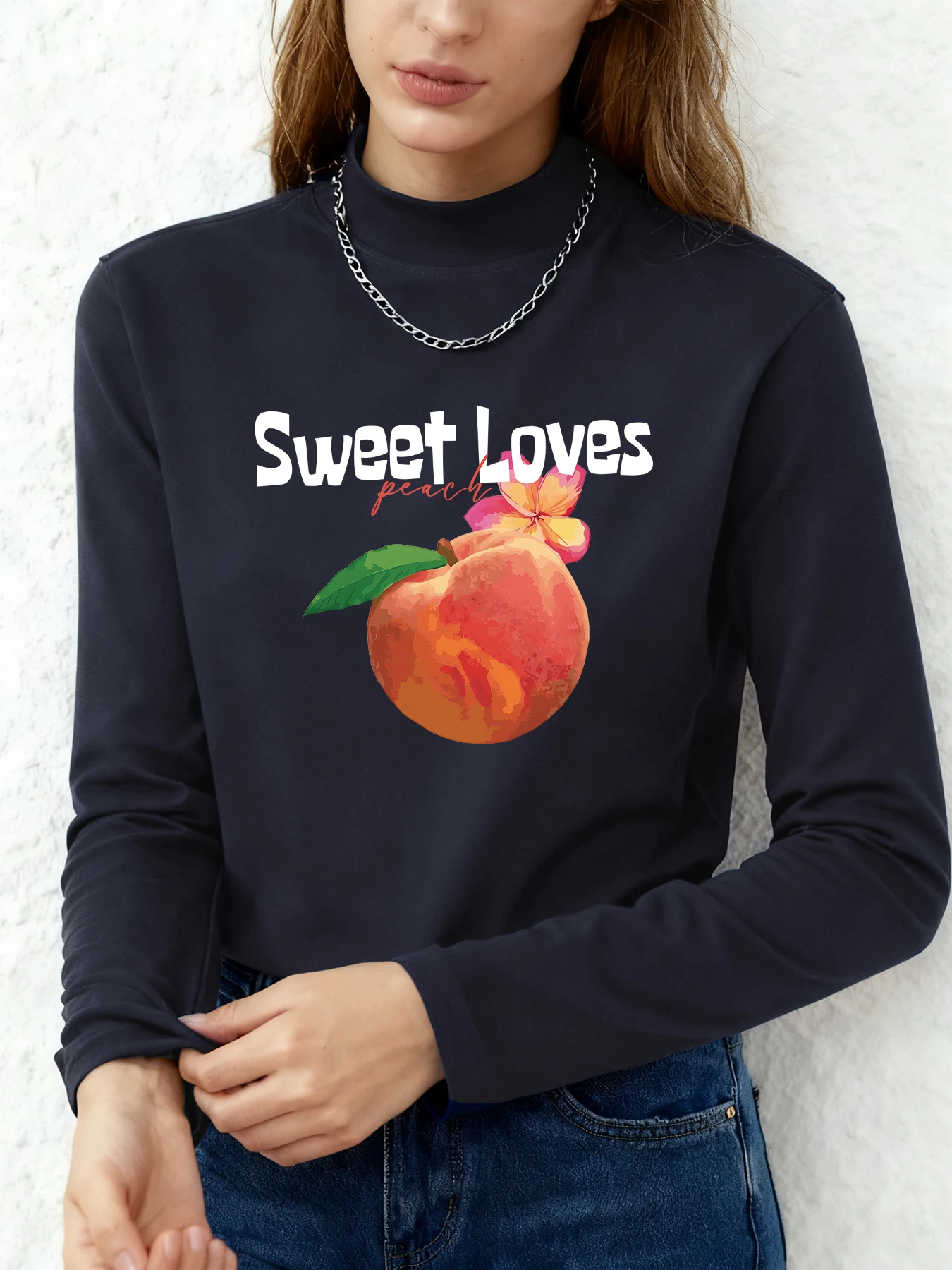 

Women Mock Neck Long Sleeve Blouse Sweet Loves Pullover Flower-Accented Peach Print T-Shirt Romantic Street K-Fashion Casual Top