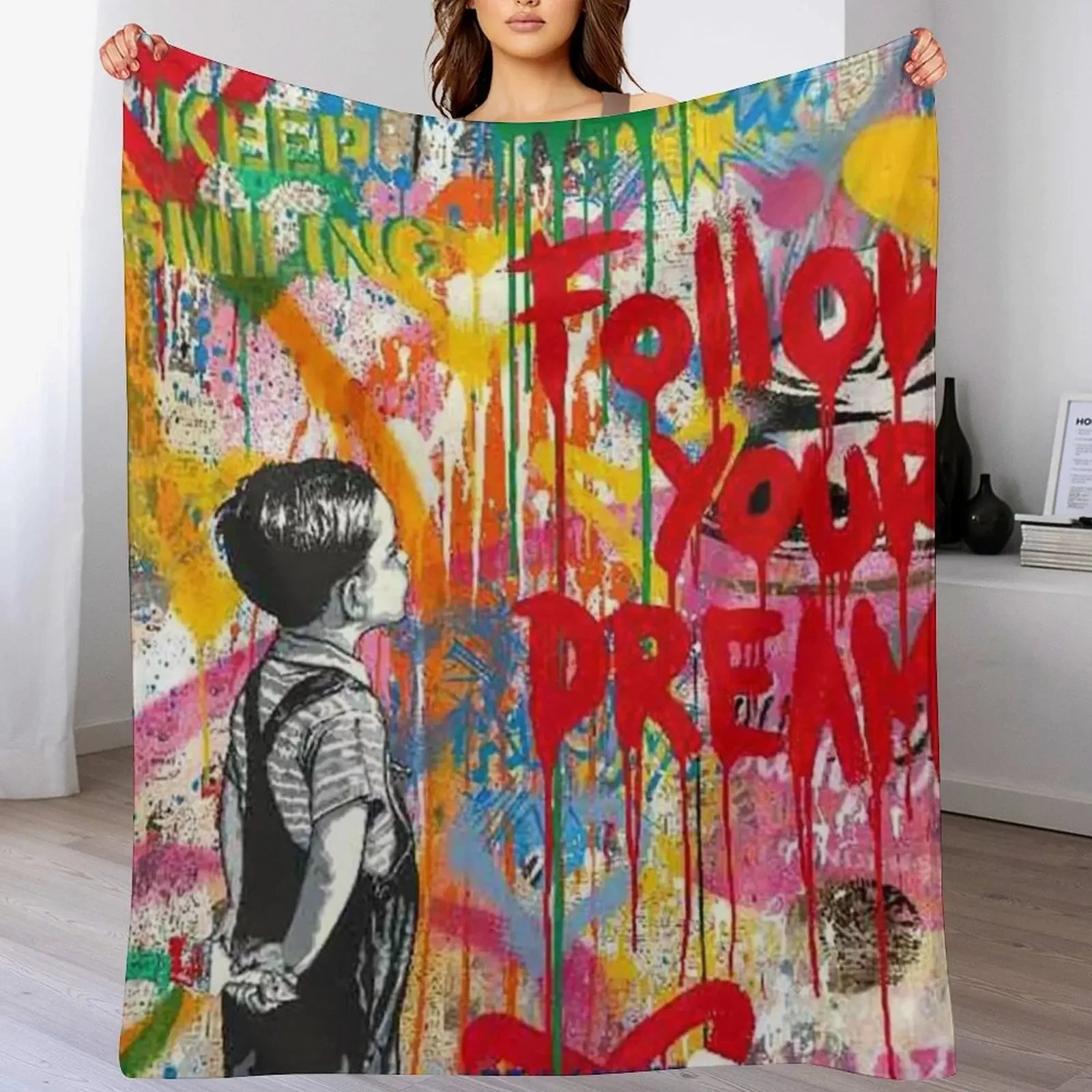 Follow Your Dreams Boy Street Art Collage Slogan Throw Blanket Warm Plush Fuzzy Blanket for Living Room