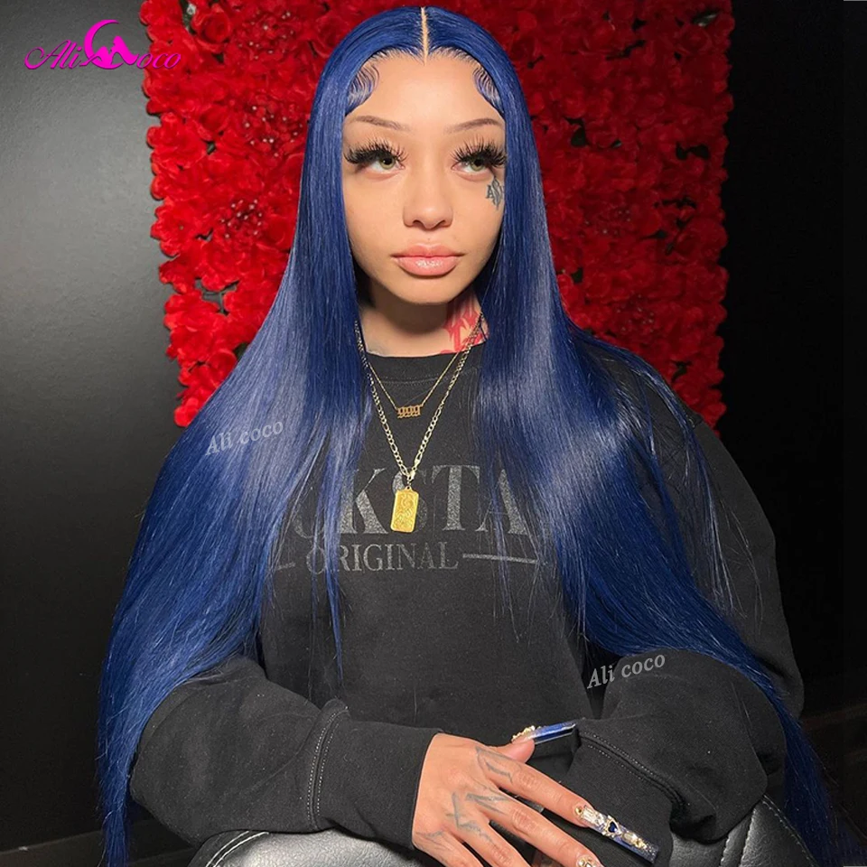 

Dark Blue Lace Front Human Hair Wigs Preplucked Brazilian Bone Straight 13x4 Lace Frontal Human Hair Wig Bleached Knots Remy Wig