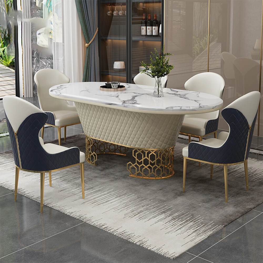 Luxury Dining Table Set with 6 Stainless Steel Leather Chairs and Oval Marble Table - Perfect for Kitchen and Dining Room Decor