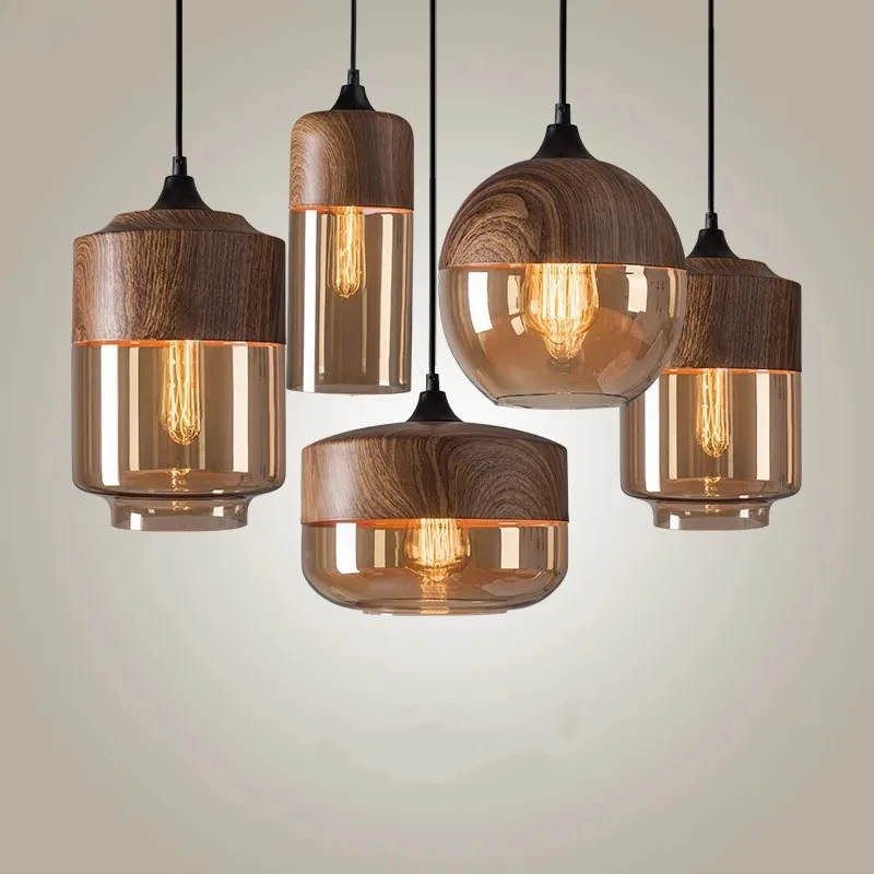 Nordic Wood LED Pendant Light Modern Glass Hanging Lamp for Dinning Room Bedroom Cafe Bar Restaurant - Energy Efficient Fixture