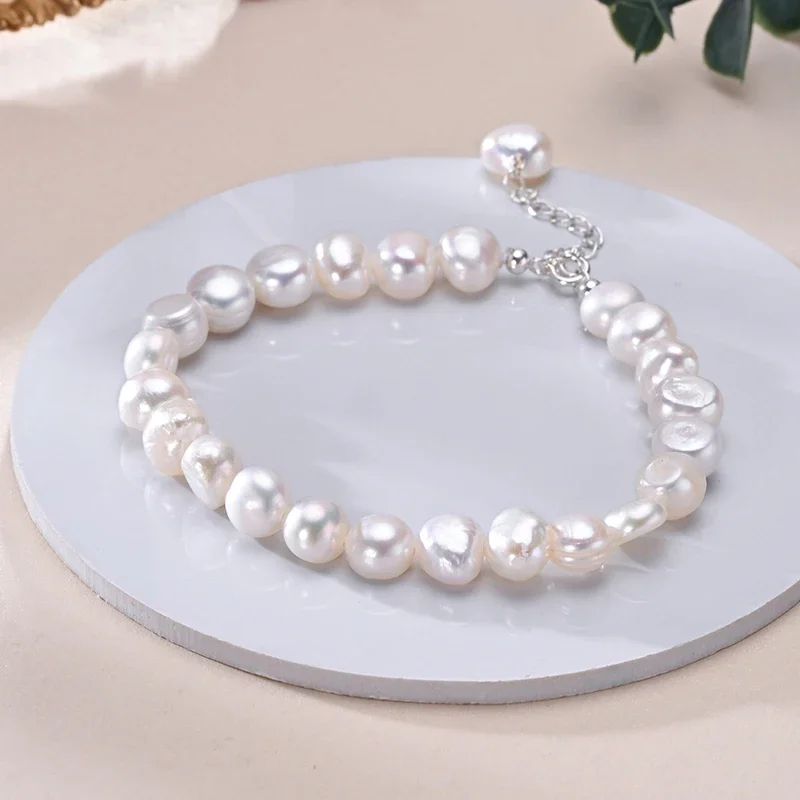 HENGSHENG Classics 925 Sterling Silver Freshwater 8-9mm White Pearl Barokowa bransoletka Drobna biżuteria Prezenty dla kobiet Dziewczyny