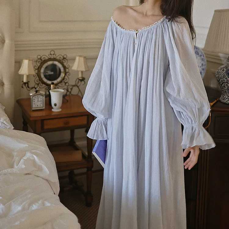 

100% Cotton Jacquard Retro European Classic French Fairy Long Nightgown Robe Long Sleeve Loose Nightdress Beautiful Lounge 2026