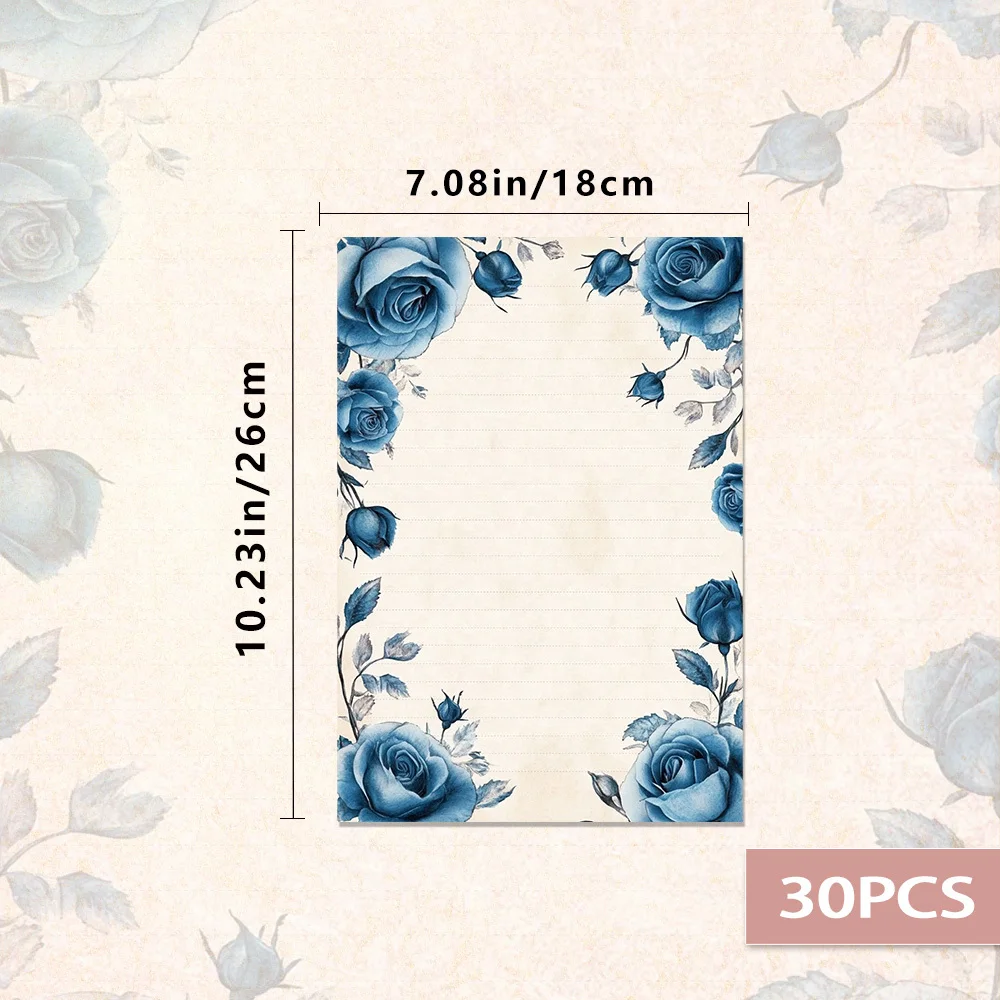 30 Sheets Of B5 Vintage Blue Roses-themed Writing Paper, Lined, No Glue, Perfect For Notebooks, Memos, And Stickers