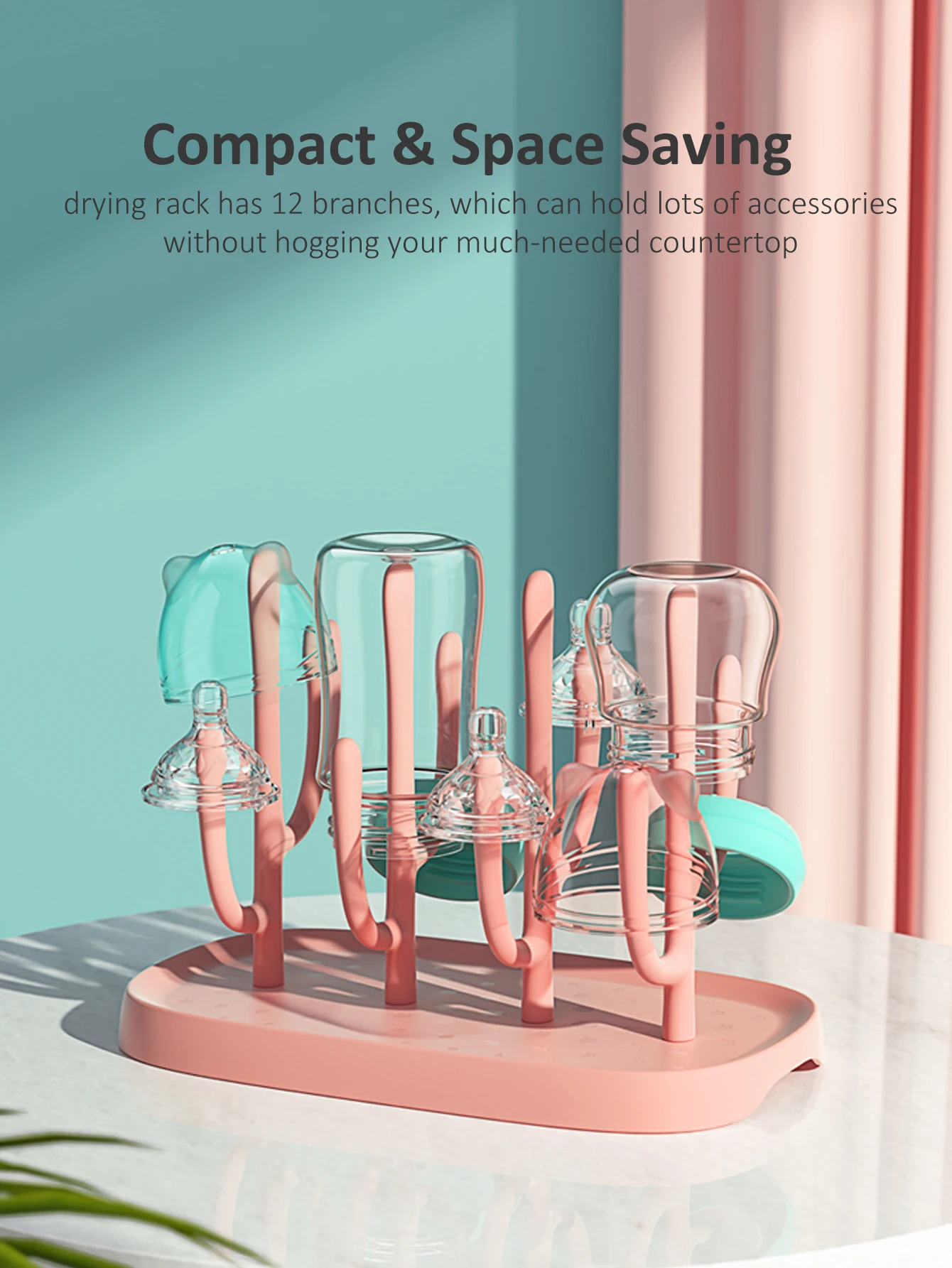 Baby Bottle Drying Rack, Detachable Pegs with Drip Tray, Portable Countertop Organizer for Bottles/Cups/Nipples
