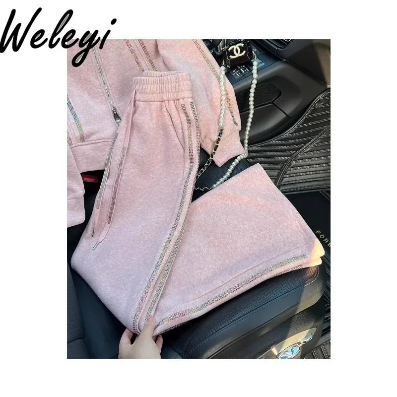 Sports Women's Pink Sweatshirt Pants Set 2024 Spring Autumn New Beautiful Long Sleeve Hooded Top Casual Trousers Two-piece Suit