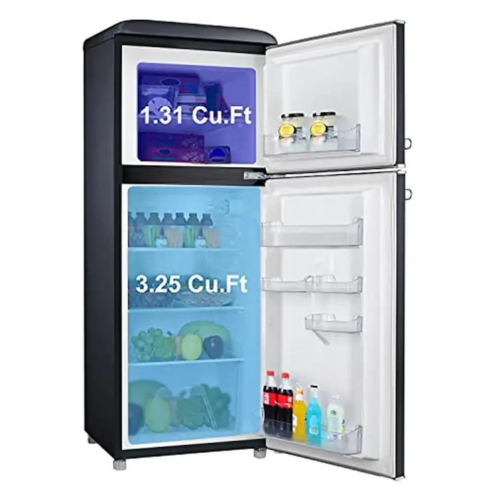 Compact Retro Refrigerator Freezer-Dual Door-Adjustable Thermostat-4.6 Cu Ft-Black Energy Efficient-Glass Shelves-Storage