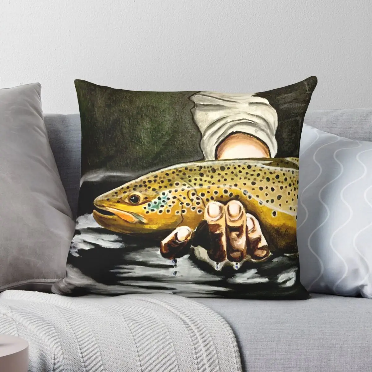 North Platte Brown Trout Painting Square Pillowcase Polyester Linen Velvet Pattern Zip Decor Home Cushion Case