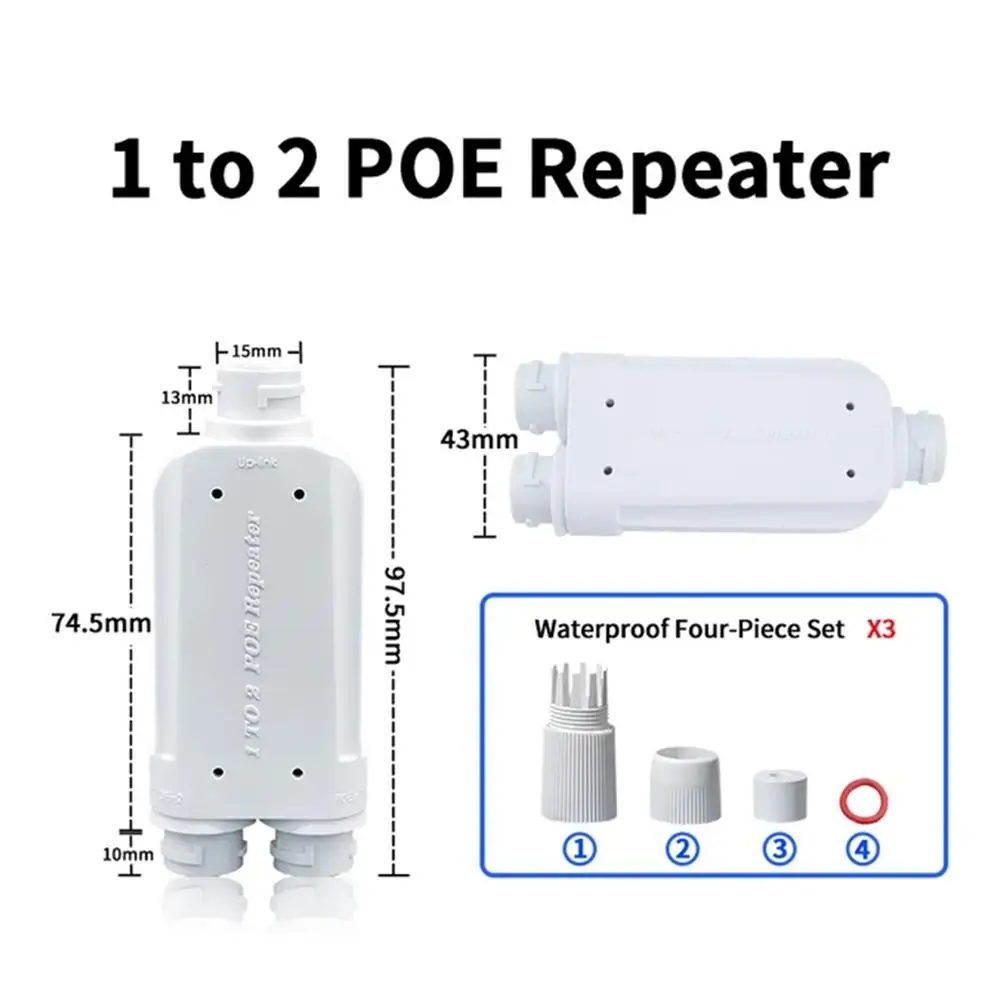 2 Port tahan air POE Repeater IP66 10/100Mbps In Out POE Repeater dengan IEEE802.3Af/At 48V luar ruangan untuk POE Switch kamera ﻿