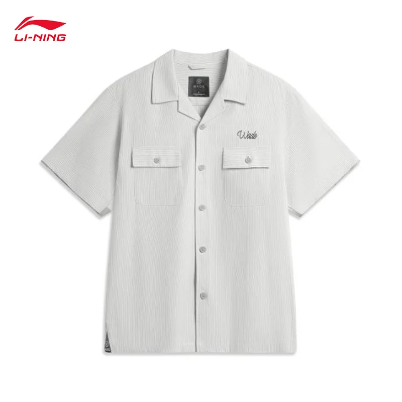LI-NING Wade series Men's loose casual short sleeved shirt pure cotton striped top ASHV169