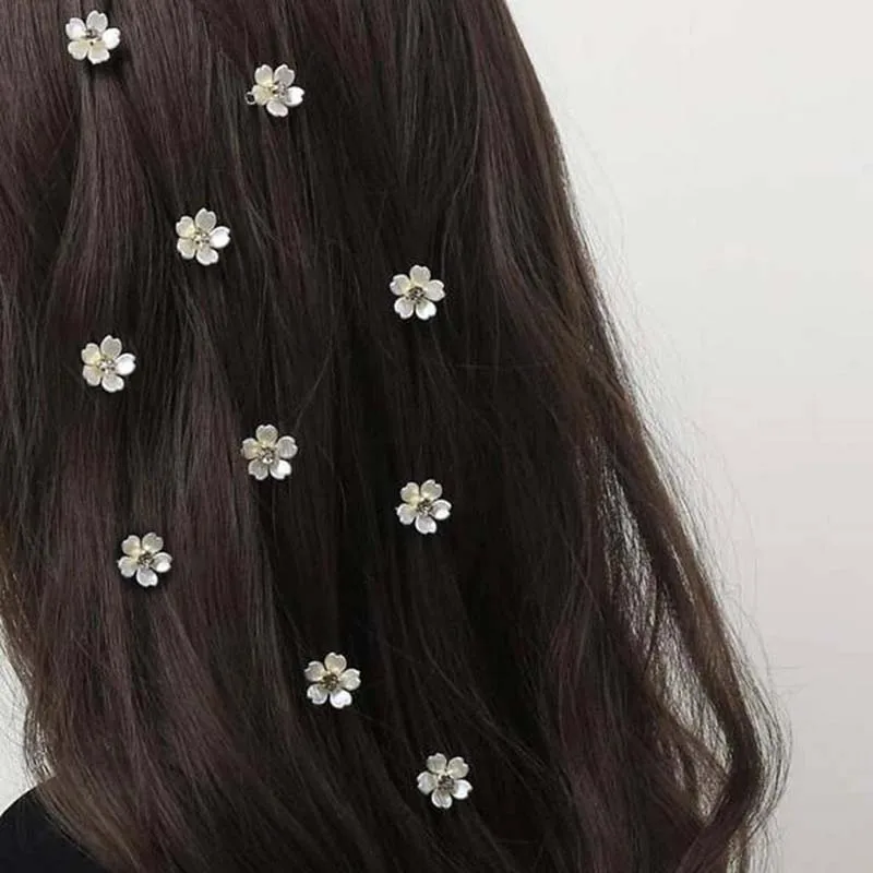 10Pcs Rhinestone Flower Decor Hair Ring for Women Sweet White Petal Hair Braid Rings Clips Hair Braiding Metal Cuffs Decorati