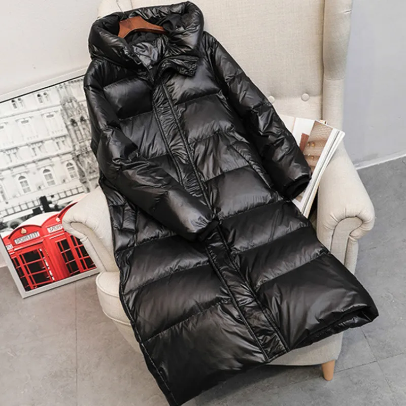 2023 Winter New Fashion 90% White Duck Down Long Jacket Women Thick Warm Loose Cocoon Type Hooded Puffer Coat Outwear