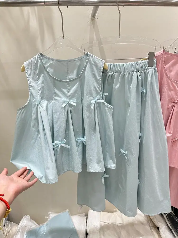 

Patchwork Bow Woman Sets Round Neck Sleeveless Shirts and Blouses +high Waist A-line Mujer Summer New Suit