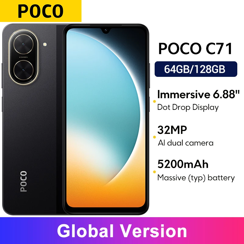 Global Version POCO C71 UNISOC T7250 processor 32MP AI dual camera Immersive 6.88” display 15W fast charging AI face unlock