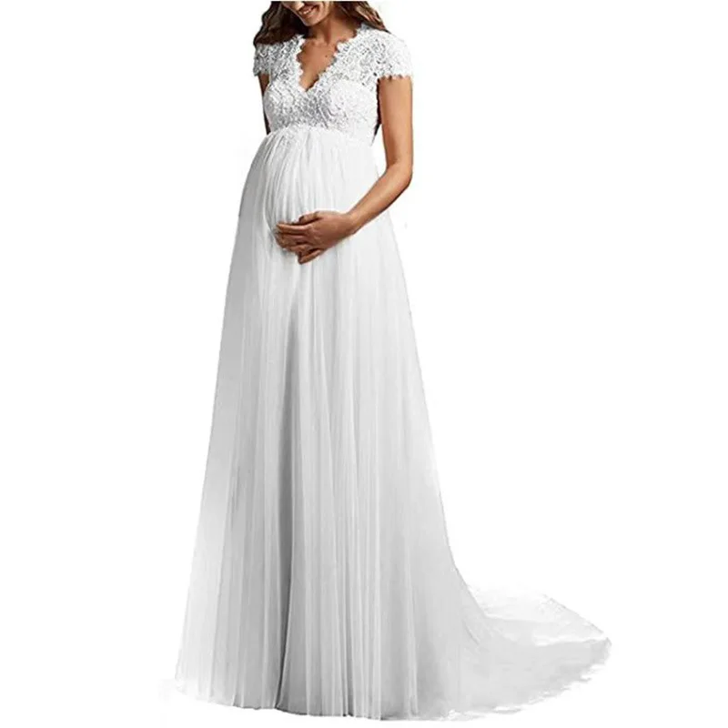 

BYXH-6121#Wedding Dress Maternity High Waist Large Size Lace Small Train White and Ivory Long dress Soft Yarn V-neck Lace