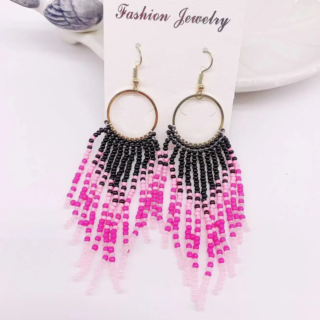 

Rice Bead Earrings Hand knitting circle Gradient Beaded Simple Bohemia geometry alloy ma'am Fringe Earrings