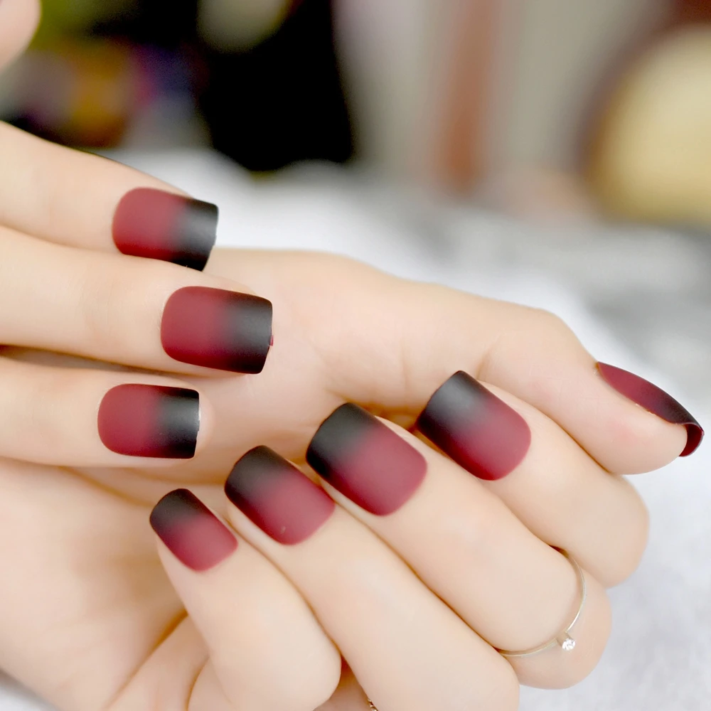 Gradient Frosted Fake Nail Artificial Nails Black Red Wine Matte Nail Tips for Acrylic Nails Square Tip Kit with glue sticker image 3