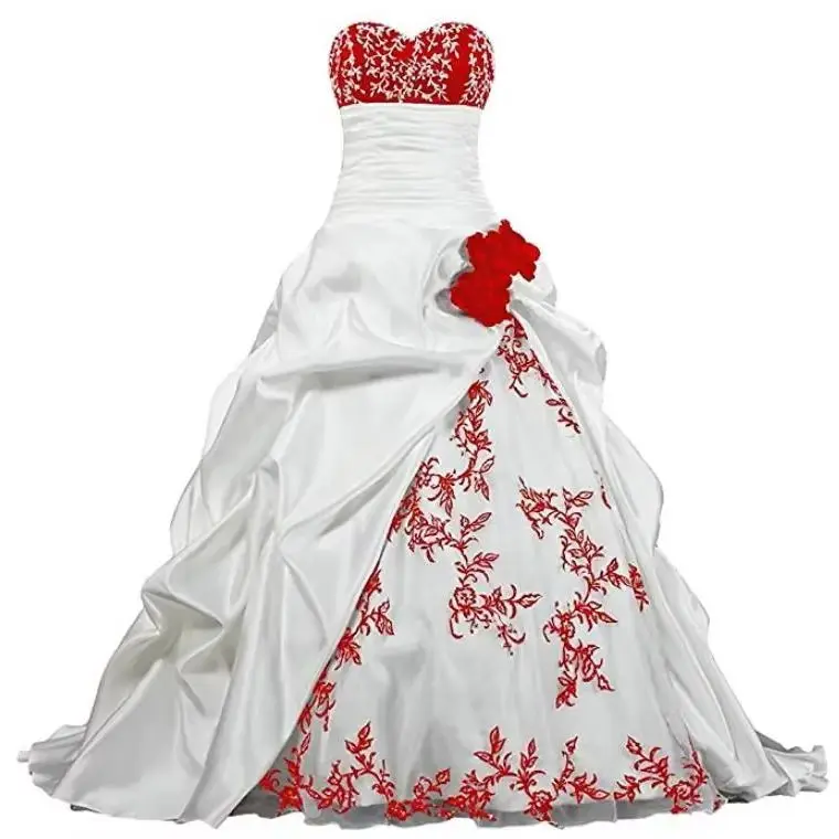 White And Red Wedding Dress Embroidery Sweetheart neck Ruched Satin Wedding Gowns Sleeveless Vestido De Novia Customized