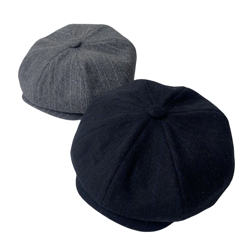 Stripe Newsboy Caps Retro Octagonal Hat Fashion Flat Cap Black Gray Mens Hats Berets Woolen Hats Casual Newsboy Cap BTM07