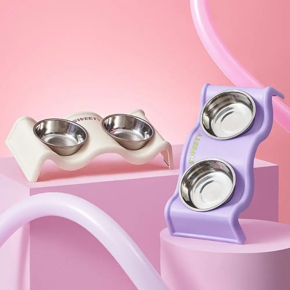 

Creative Double Pet Bowl Double Dish Wave Shape Cat Food Container Stainless Steel Detachable Puppy Water Feeder for Dogs Cats