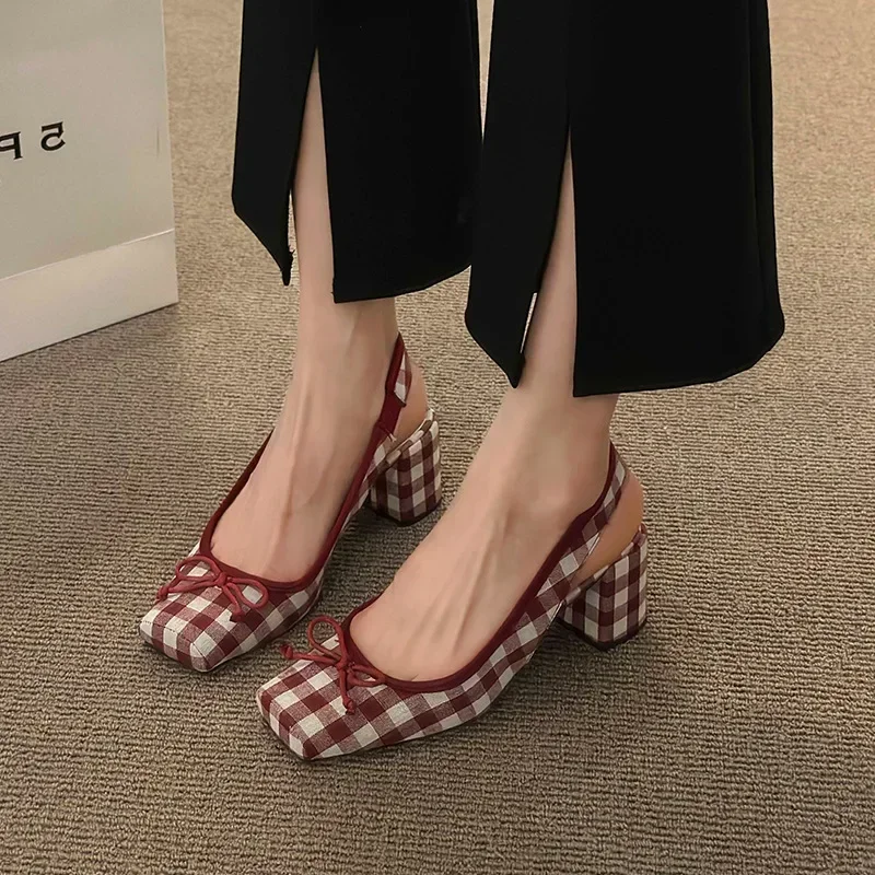 Plaid Square Toe Thick Heel Women Shoes 2023 New Bowknot Casual High Heel Sandals for Women Zapatos De Mujer Sandalias