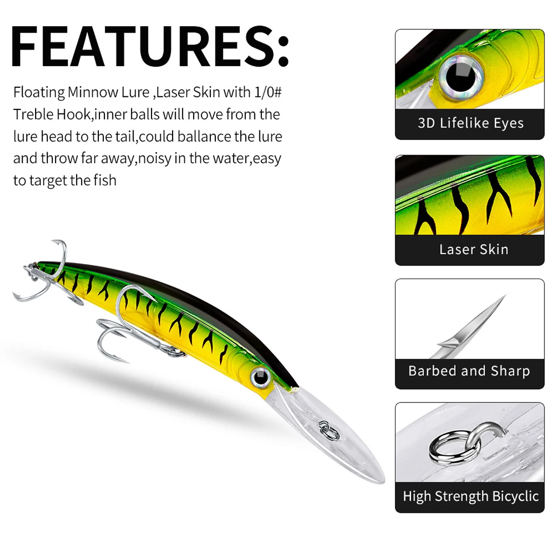 FishTrip Fishing Lures Suspending Minnow Lure 17cm/27g Hard Bait Wobbles & Kicks with High Strength Split Ring & Treble Hook