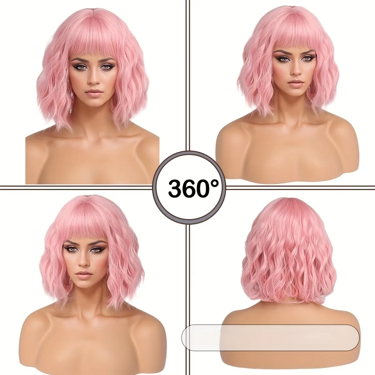 باروكة مهرجان صناعية للسيدات مقاس 14-16 بوصة، شعر وردي قصير مجعد مع غرة، قبعة شبكية حريرية غير لامعة تتحمل درجات الحرارة العالية. #4