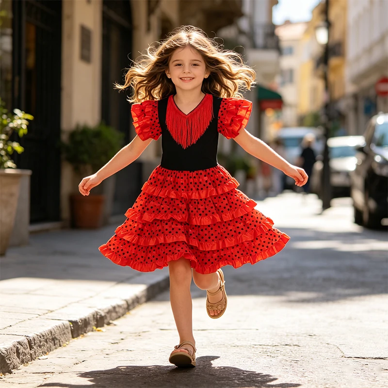 Vestido estilo flamenco para niñas con falda roja de lunares con volantes y corpiño con flecos para actuaciones de baile y fiestas de carnaval