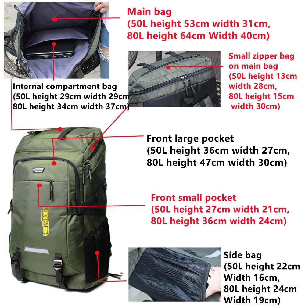 80L 50L Men\'s Outdoor Backpack Climbing Travel Rucksack Sports Camping Hiking Backpack School Bag Pack For Male Female Women