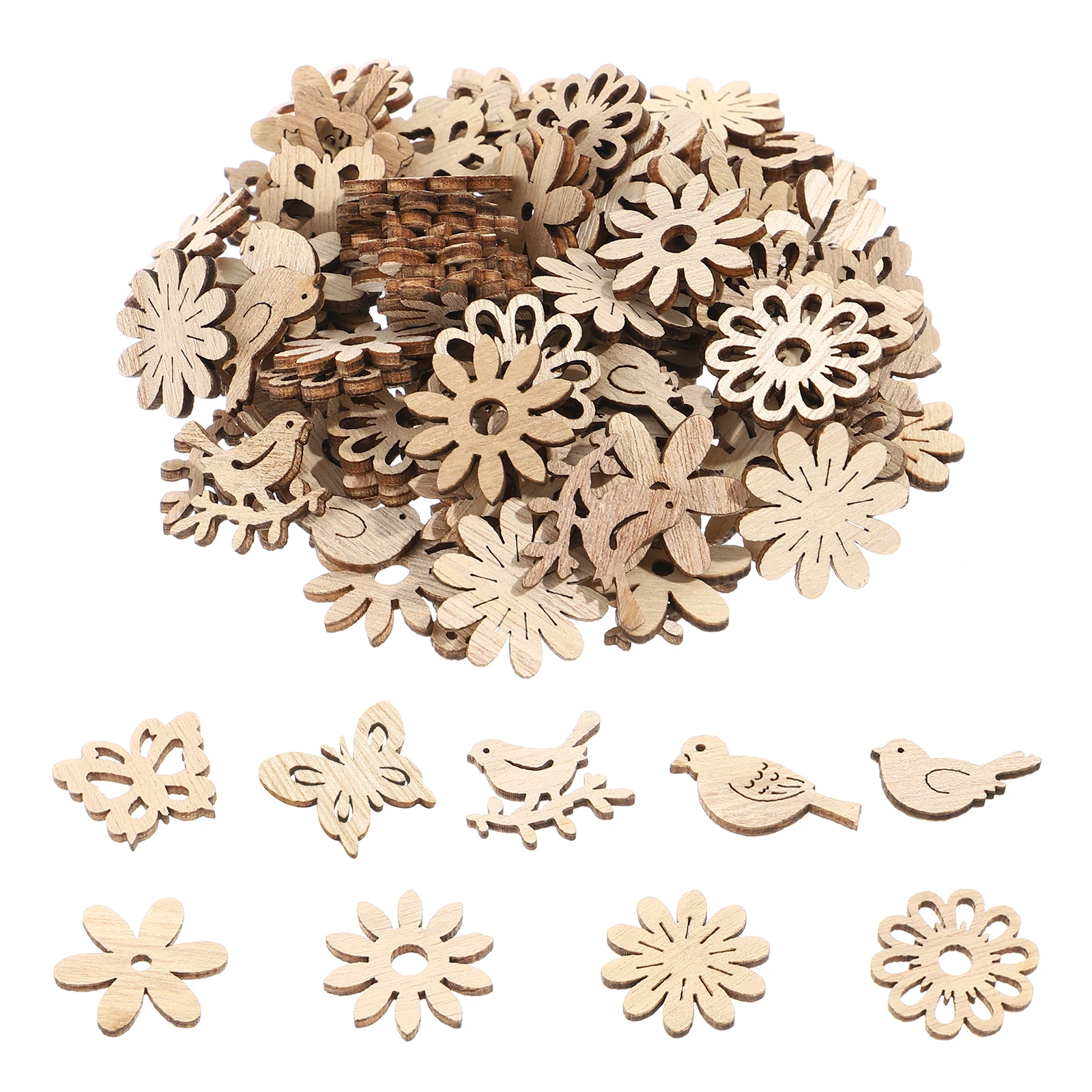 

100 Pcs Cartoon Flower Bird Wooden Slices Unfinished naments for Crafts Kids Home Decorations Wood Cutouts Sewing