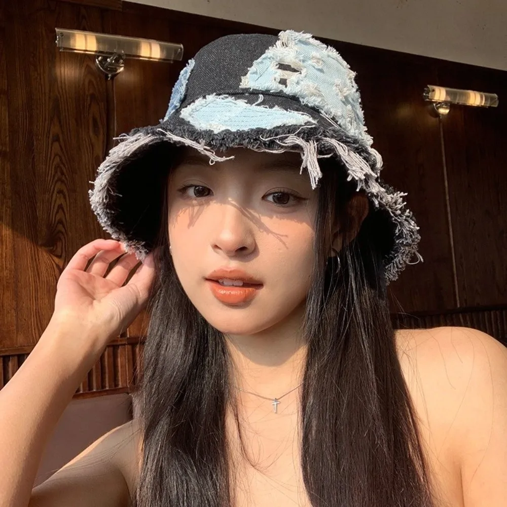 

Fashion Japanese Denim Bucket Hat Beggar Style Splicing Retro Fisherman Hat Bule Patched Sun Protection Basin Cap Male/Female