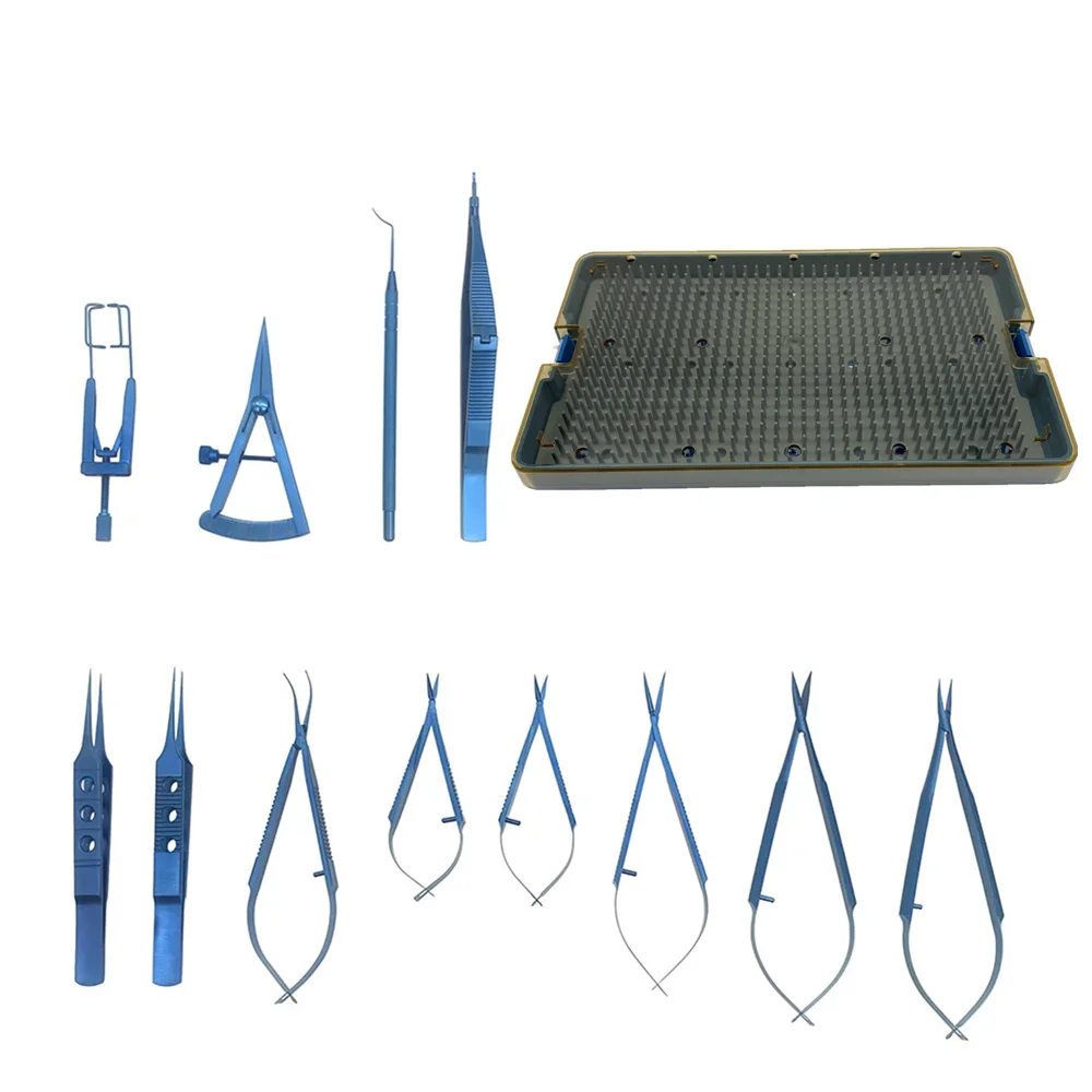 Ophthalmic Glaucoma Surgery Ophthalmic Tools Set Corneal Scissors Needle Holder Titanium Sterilization Case Box Silicone Tray