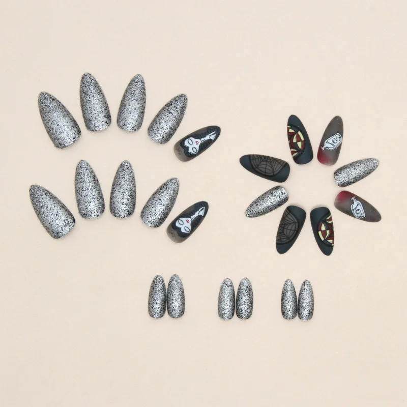 

24pcs Halloween Press-On Nails - Matte Black Webs & Glitter Face Long Almond Gothic Party Style Coverage Nail Art Kit