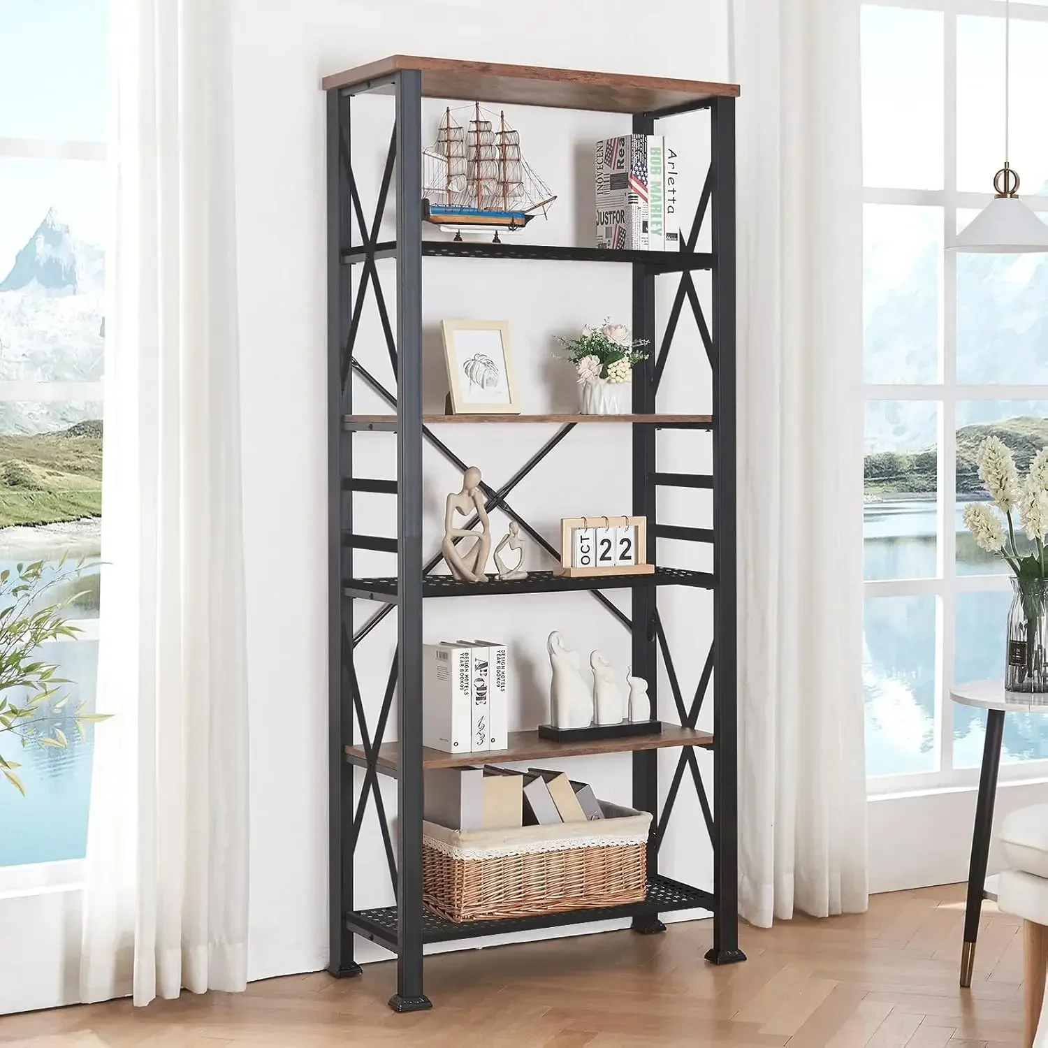 Customizable 6 Tier Bookshelf,74 Inch Tall Industrial Bookshelf With Metal Frame And Open Shelves,Rustic Heavy Duty Bookshelves