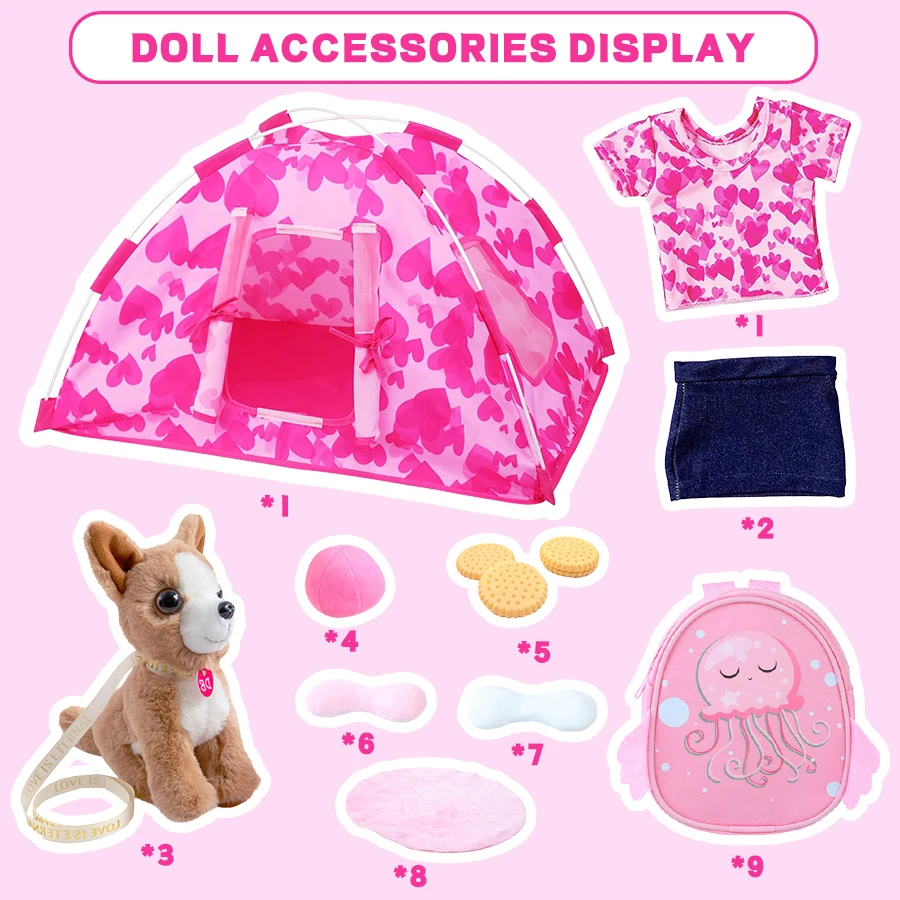 Vestido fofinho roupas tenda filhote de cachorro conjunto acessórios for18 Polegada boneca bebê nascido, boneca americana brinquedos da menina aniversário presente natal