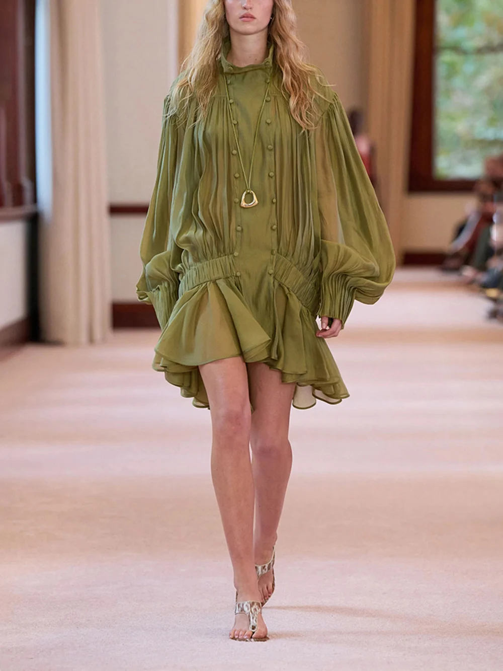 Modphy Olive Green Elegant Pleated Dress Women Fashion Solid Stand Neck Lantern Sleeve Double Breasted Loose Mini Dress Women