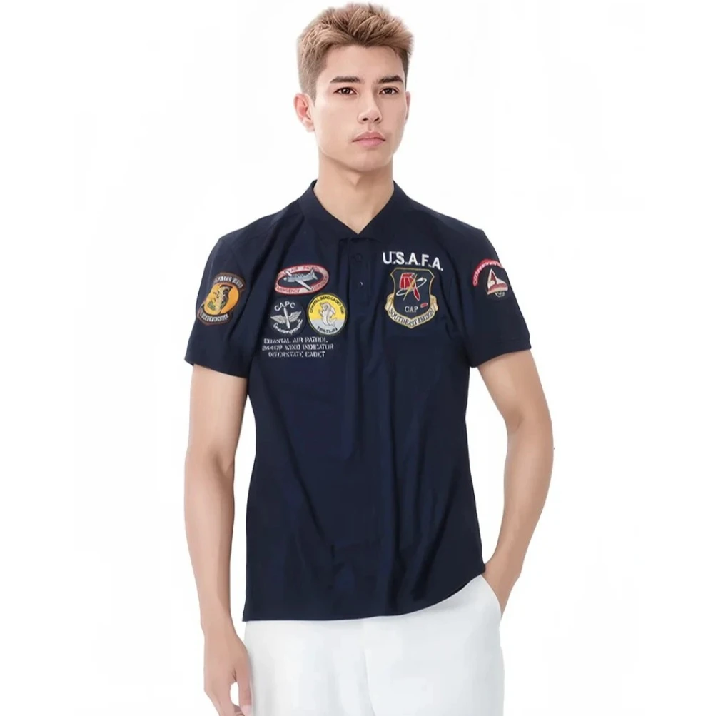 Pilot Embroidered Badge Polo Shirts Summer Short Sleeve Military Style T-shirt for Men Tops Mens Clothing High Quality