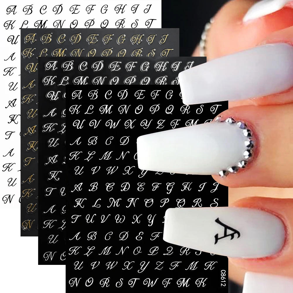 Gold/Silver/Black/White Roman Letter Nail Sticker Set 4Pcs Alphabet Nail Decal 8*10cm Self-Adhesive Manicure Letter Nail Slider