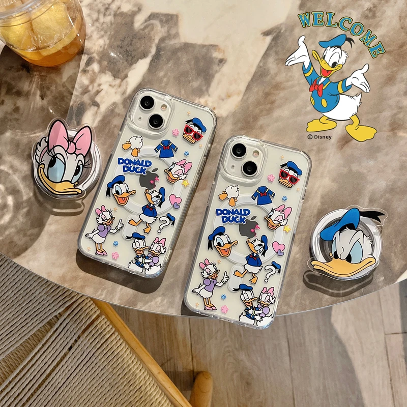 Disney Donald Duck Daisy Magnetic Bracket Magsafe Wireless Charge Phone Case For iPhone 15 14 13 12 11 Pro Max Clear Hard Cover