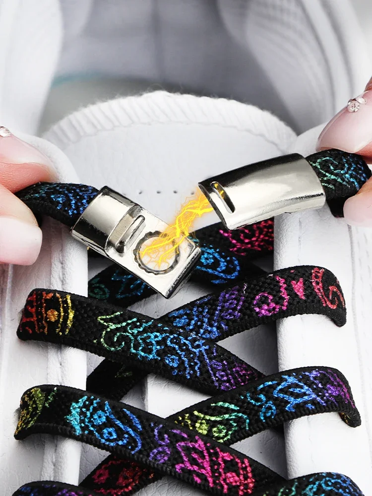 Lacets élastiques sans cravate, serrure métallique magnétique, pour baskets, hommes et femmes, chaussures paresseuses de loisirs, bande de caoutchouc plate en dentelle