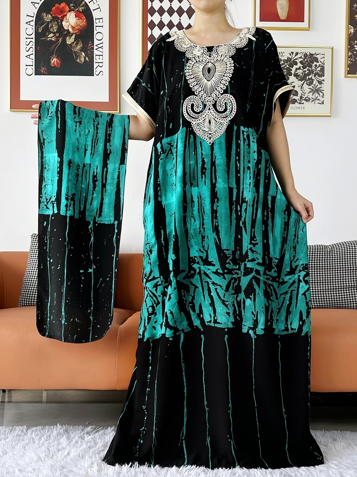 New Summer Short Sleeve Abaya Embroidery Printed Women Loose Maxi Robe Floral Femme Musulmane African Printing Floral Abaya