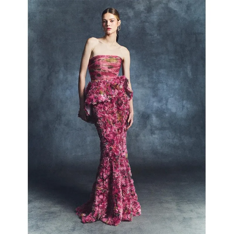 

Strapless toasting new style sweet floral morning dress