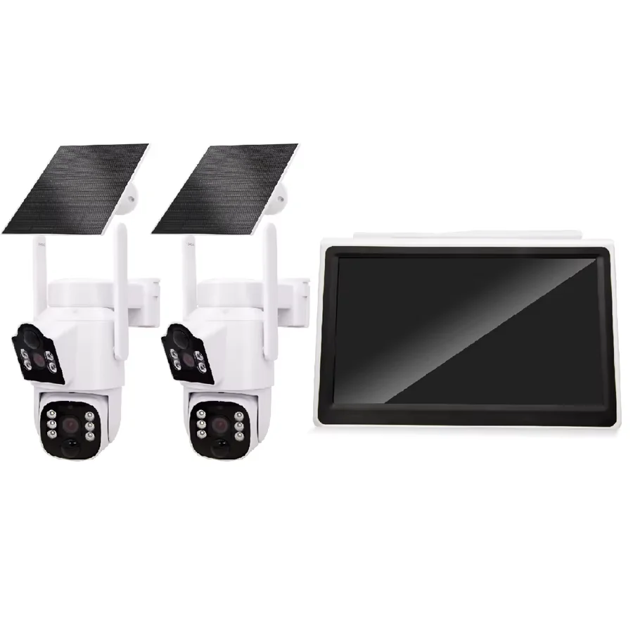 4MP Dual Lens Solar Security Camera Kit 10.1 Inch Monitor Night Vision SD Card Recording Pan-Tilt Two-Way Audio PIR Motion