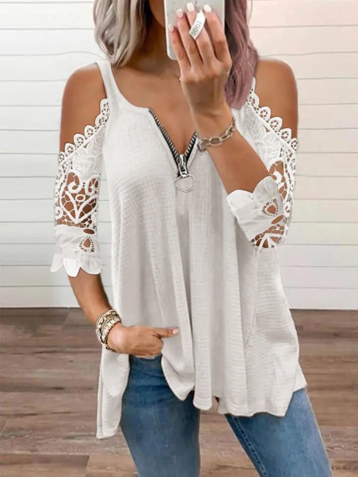 Fashion Off Shoulder Tops Sexy Lace Sleeve Patchwork Loose Blouses Tops Casual Plus Size Zipper V Neck Female Tunic Tops T-shirt