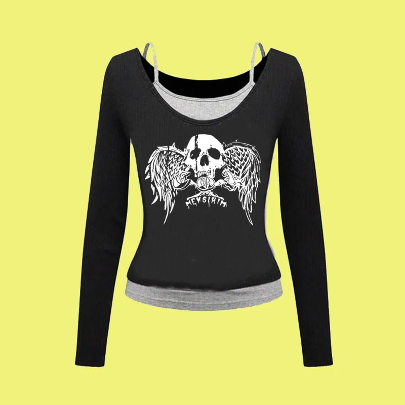 

Women's punk Y2K top fashionable Gothic long sleeved off shoulder skull print casual street party autumn pattern print retro T-