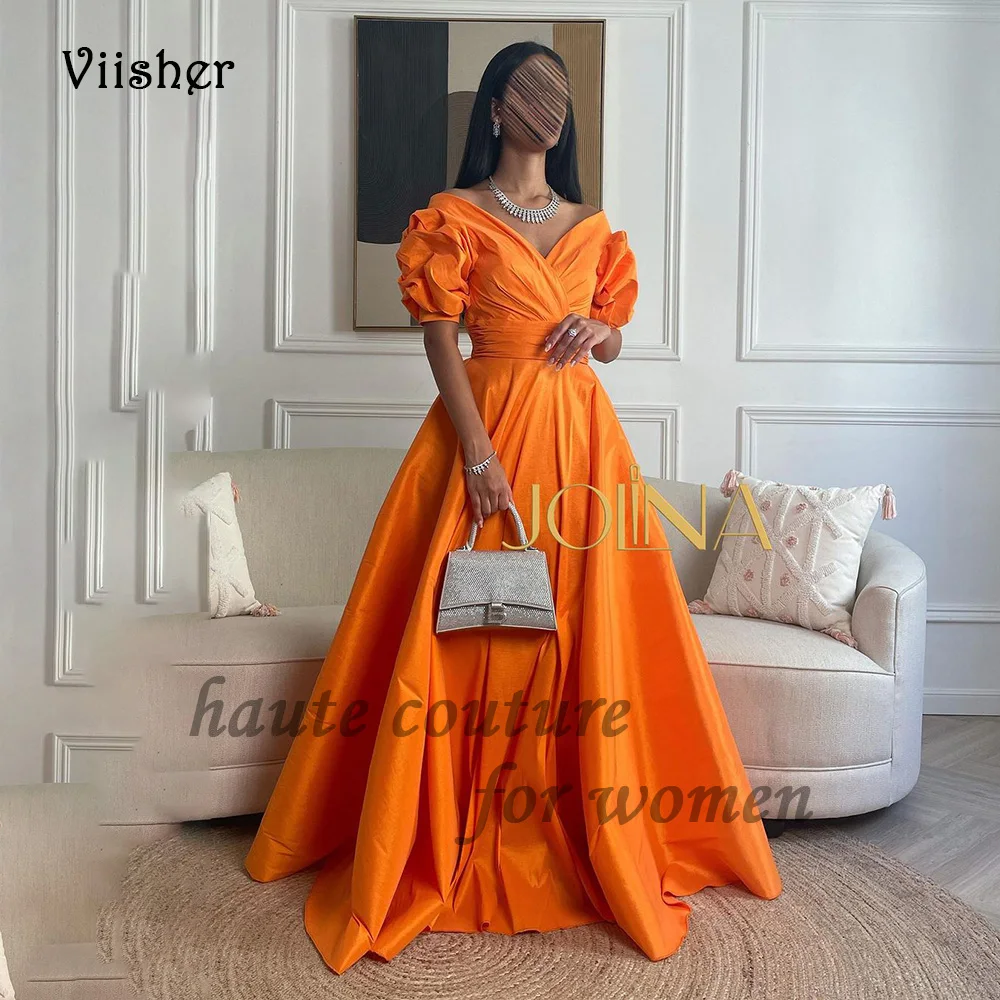 Vestidos de Noche de línea A De satén naranja para mujer, manga corta, cuello en V, vestido de graduación árabe, longitud hasta el suelo, Dubai, ocasión de celebración