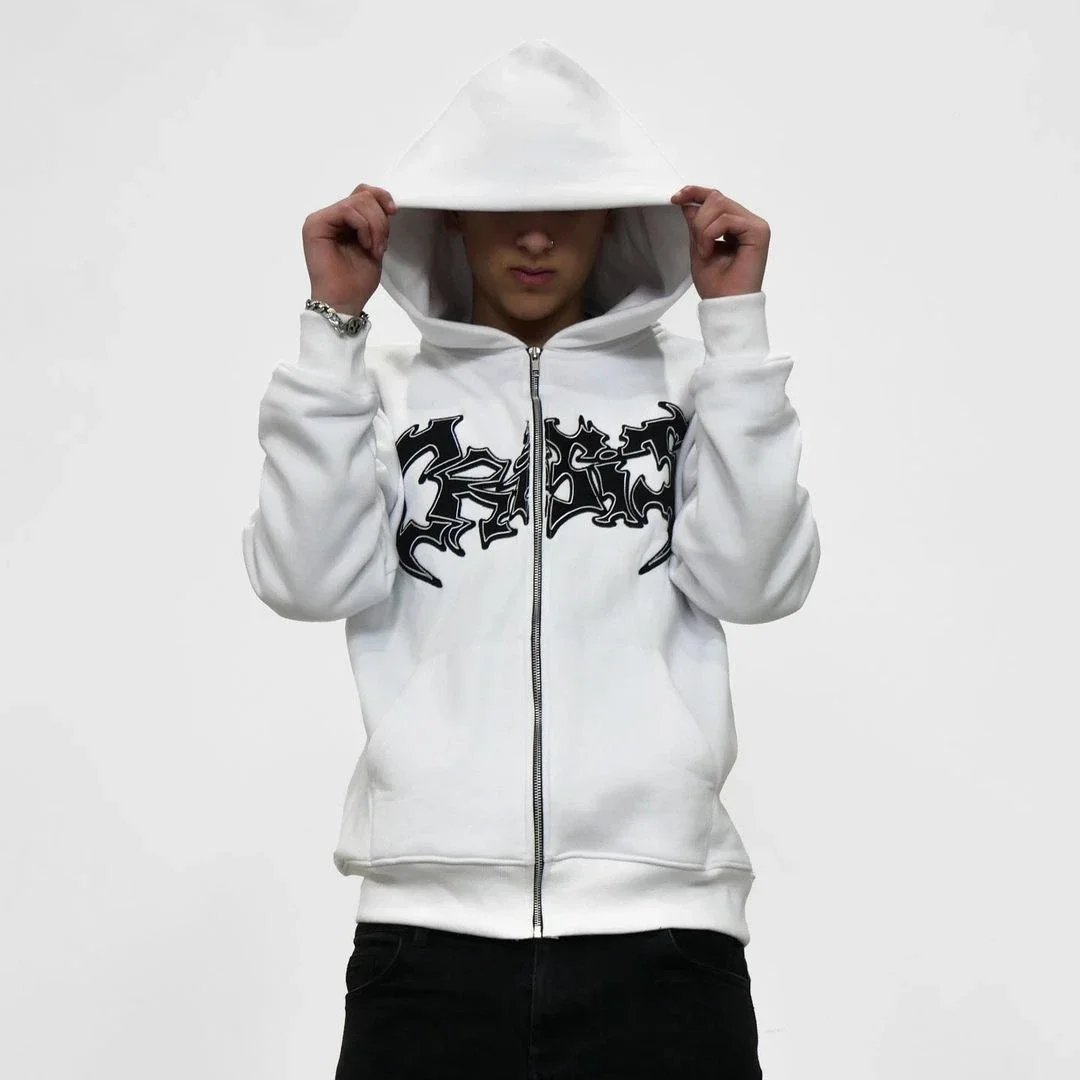 Sudadera con capucha Y2K de estilo oscuro americano, chaqueta blanca holgada con cremallera, estampado de calle Vibe, ropa de pareja, venta al por