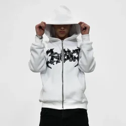 Y2K American Dark Style Niche Design, White At Zipper Hoodie, High Street Print Vibe, Couple Jacket Clothing, Wholesale and Retail